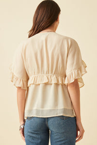 HK1103W Pink Plus V Neck Wide Sleeve Ruffled Chiffon Top Side