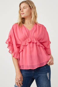 HK1103W Cream Plus V Neck Wide Sleeve Ruffled Chiffon Top Front