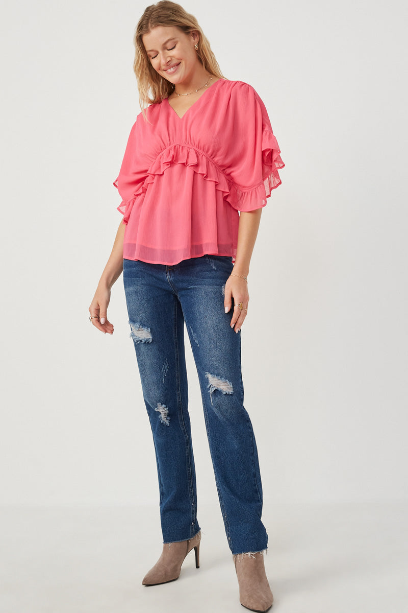 HK1103W Cream Plus V Neck Wide Sleeve Ruffled Chiffon Top Gif