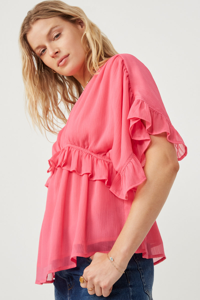 HK1103W Cream Plus V Neck Wide Sleeve Ruffled Chiffon Top Side