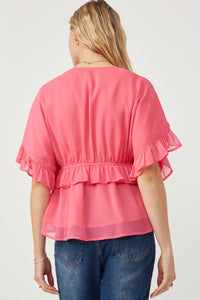 HK1103W Cream Plus V Neck Wide Sleeve Ruffled Chiffon Top Back