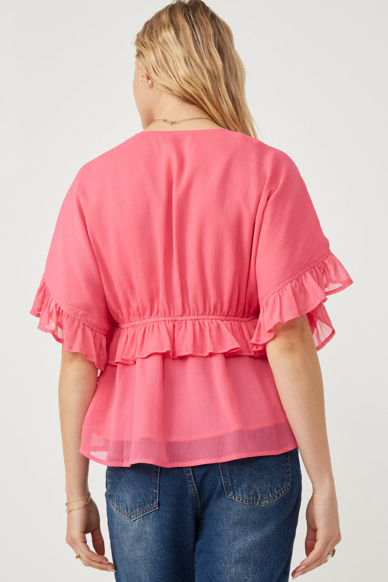 HK1103W Cream Plus V Neck Wide Sleeve Ruffled Chiffon Top Back