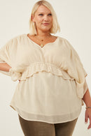 HK1103 Pink Womens V Neck Wide Sleeve Ruffled Chiffon Top Front