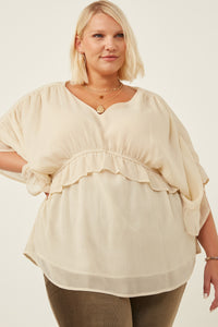 HK1103 Pink Womens V Neck Wide Sleeve Ruffled Chiffon Top Front