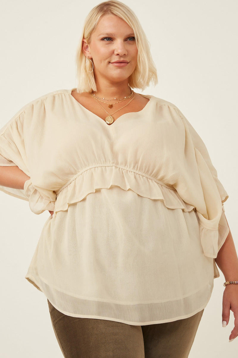 V Neck Wide Sleeve Ruffled Chiffon Top