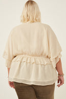 HK1103 Pink Womens V Neck Wide Sleeve Ruffled Chiffon Top Full Body