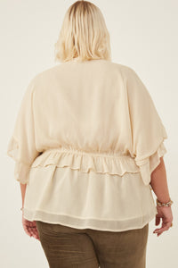 HK1103 Pink Womens V Neck Wide Sleeve Ruffled Chiffon Top Full Body