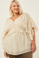 HK1103 Pink Womens V Neck Wide Sleeve Ruffled Chiffon Top Side