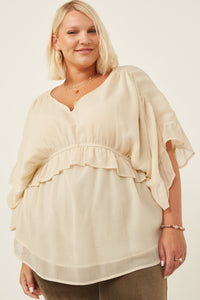 HK1103 Pink Womens V Neck Wide Sleeve Ruffled Chiffon Top Side