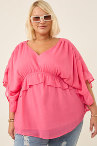 HK1103 Cream Womens V Neck Wide Sleeve Ruffled Chiffon Top Front