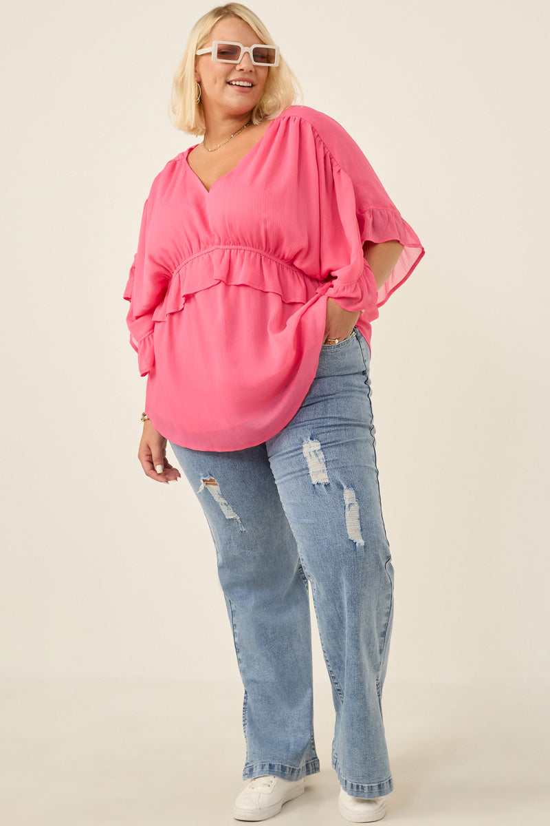 HK1103 Cream Womens V Neck Wide Sleeve Ruffled Chiffon Top Gif