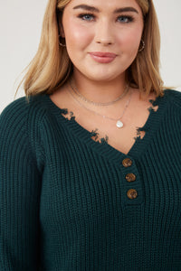 HK1110 Hunter Green Womens Distressed Button Down Sweater Front