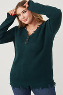 HK1110 Hunter Green Womens Distressed Button Down Sweater Full Body