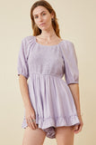 HK1136 LAVENDER Womens Smocked Shadow Striped Ruffled Romper Front