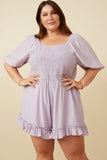 HK1136W LAVENDER Plus Smocked Shadow Striped Ruffled Romper Front