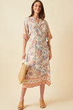 HK1159 Cream Womens Border Print Side Tie Wrap Dress Back