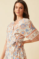 HK1159W Cream Plus Border Print Side Tie Wrap Dress Full Body