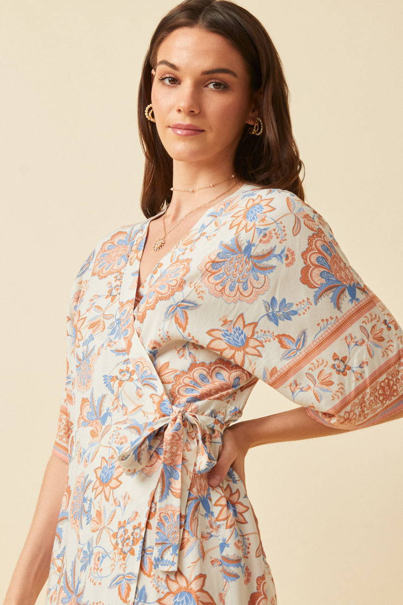 Border Print Side Tie Wrap Dress