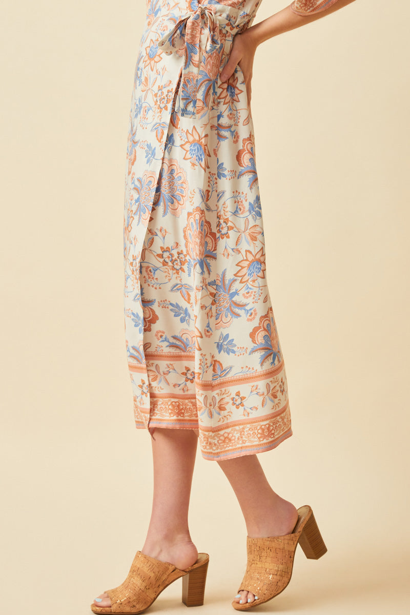 HK1159W Cream Plus Border Print Side Tie Wrap Dress Gif