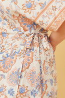 HK1159 Cream Womens Border Print Side Tie Wrap Dress Front