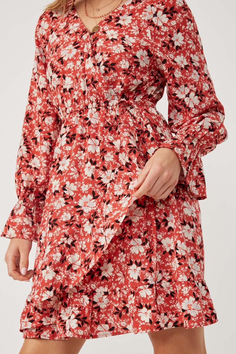 Floral Print Cinched Cuff Wrap Dress