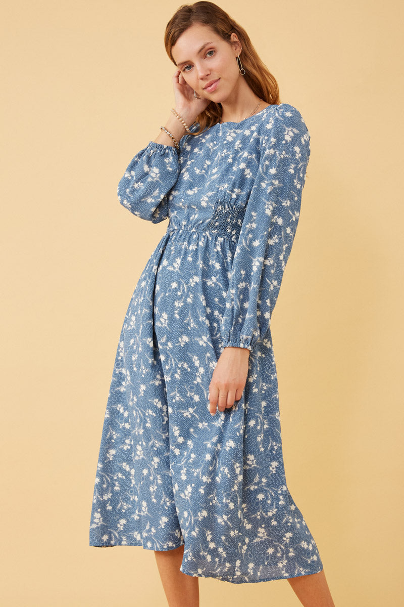 HK1184W Blue Plus Floral Print Side Smocked Long Sleeve Dress Side