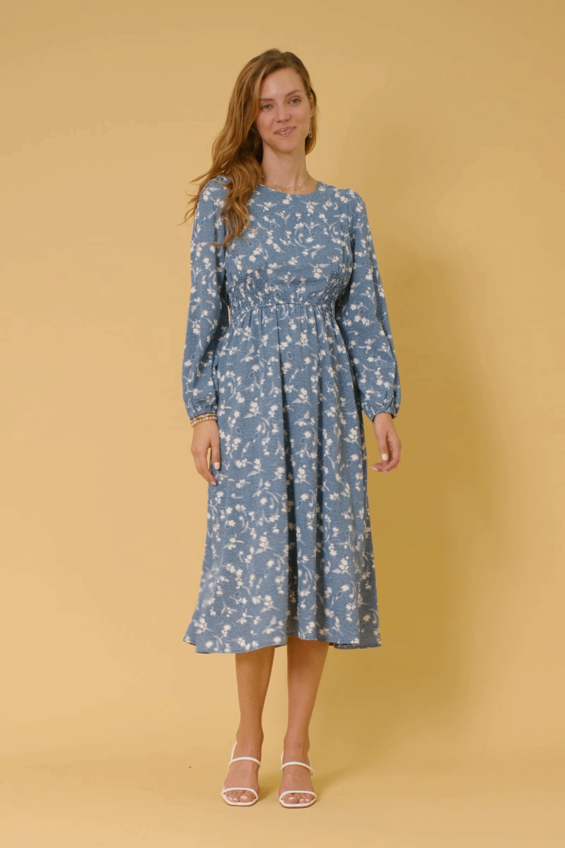 Floral Print Side Smocked Long Sleeve Dress
