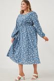 HK1184 Blue Womens Floral Print Side Smocked Long Sleeve Dress Pose
