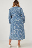 HK1184 Blue Womens Floral Print Side Smocked Long Sleeve Dress Back