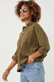 HK1191 Olive Womens Garment Dyed Tencel Button Up Shirt Front