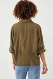 HK1191 Olive Womens Garment Dyed Tencel Button Up Shirt Full Body