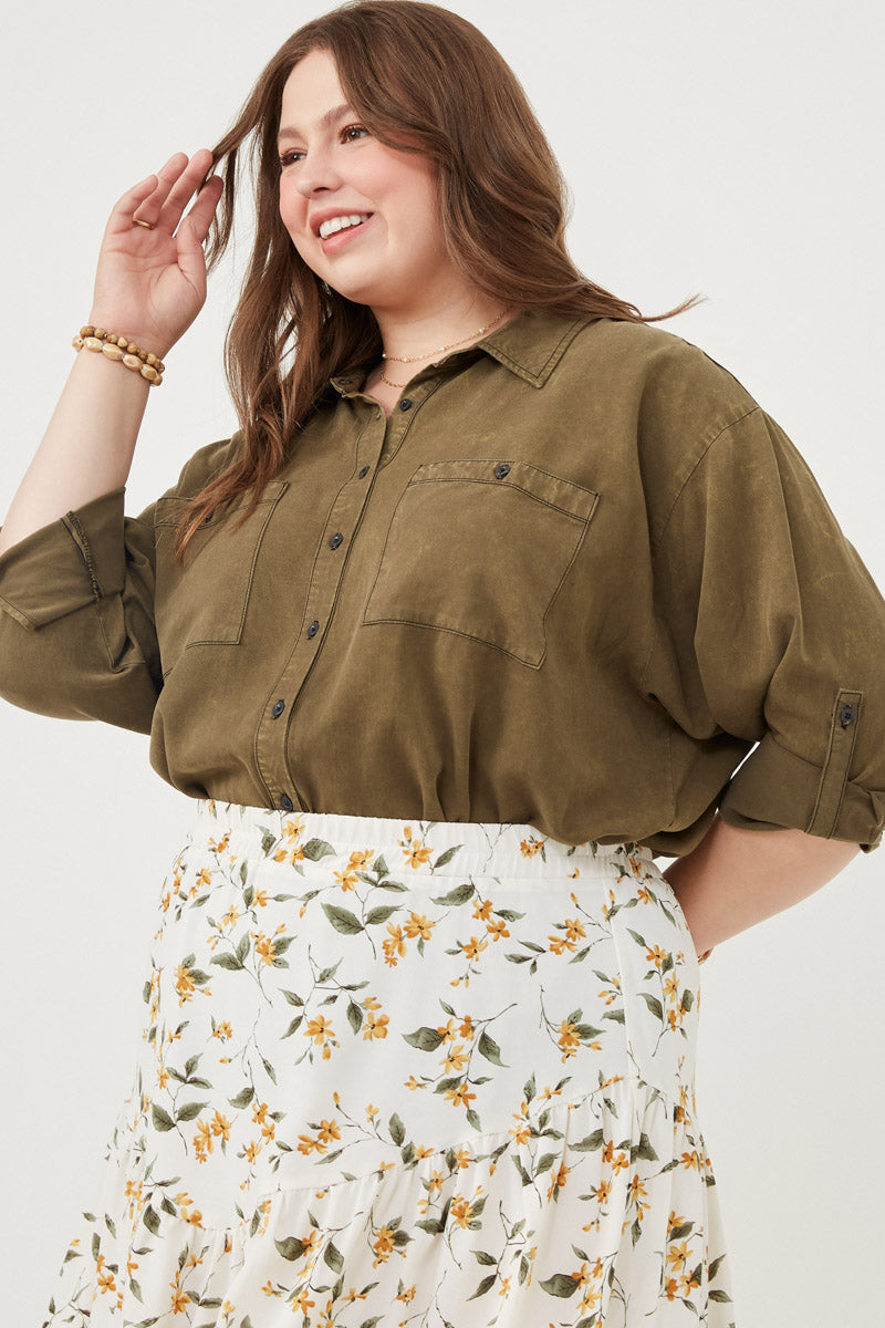 HK1191 Charcoal Womens Garment Dyed Tencel Button Up Shirt Side