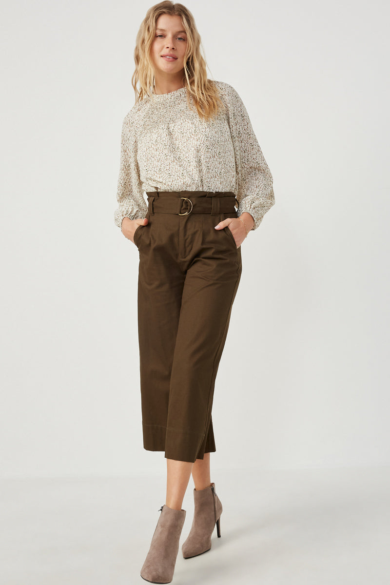 HK1194W Ivory Plus Ditsy Print Smocked Detail Long Sleeve Top Full Body