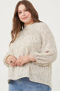 HK1194 Ivory Womens Ditsy Print Smocked Detail Long Sleeve Top Detail