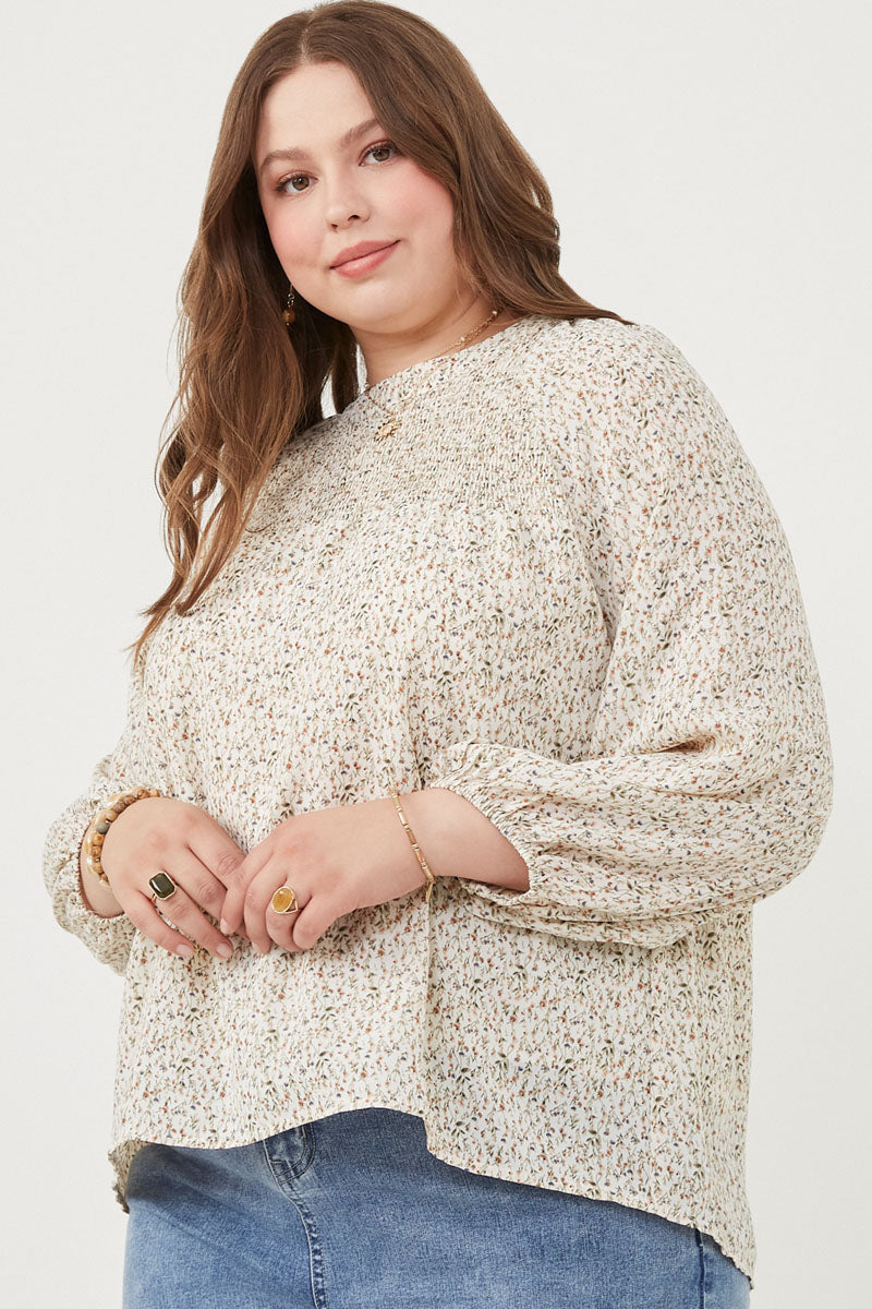 Ditsy Print Smocked Detail Long Sleeve Top