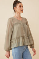 HK1219W Olive Plus Button up Ruffle Detailed Textured Chiffon Shirt Side