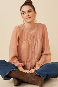 HK1219 SALMON Womens Button up Ruffle Detailed Textured Chiffon Shirt Front