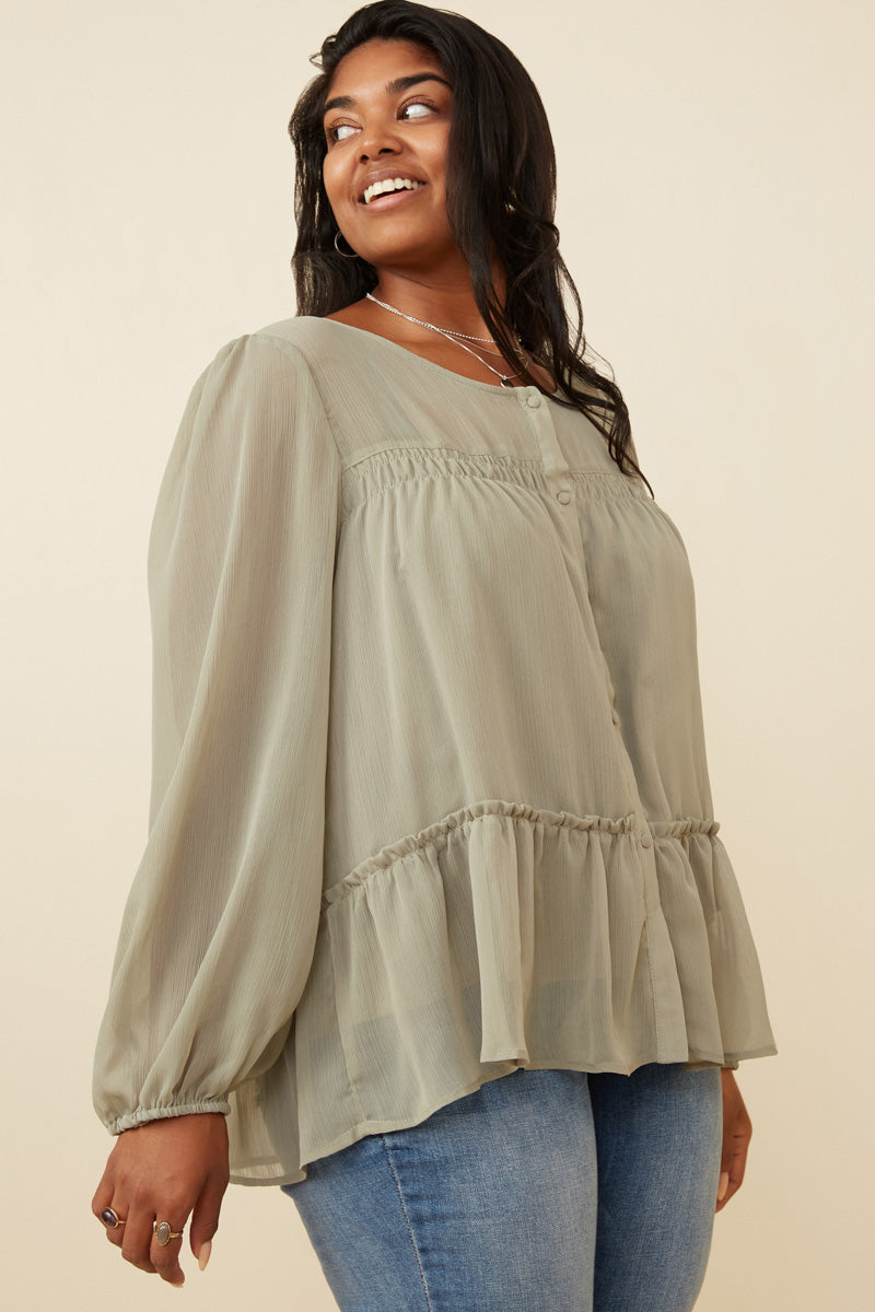 HK1219 OLIVE Womens Button up Ruffle Detailed Textured Chiffon Shirt Alternate Angle