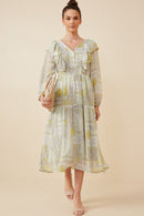 HK1223W Sage Plus Patch print V Neck Ruffled Long Sleeve Dress Full Body