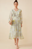 HK1223W Sage Plus Patch print V Neck Ruffled Long Sleeve Dress Full Body