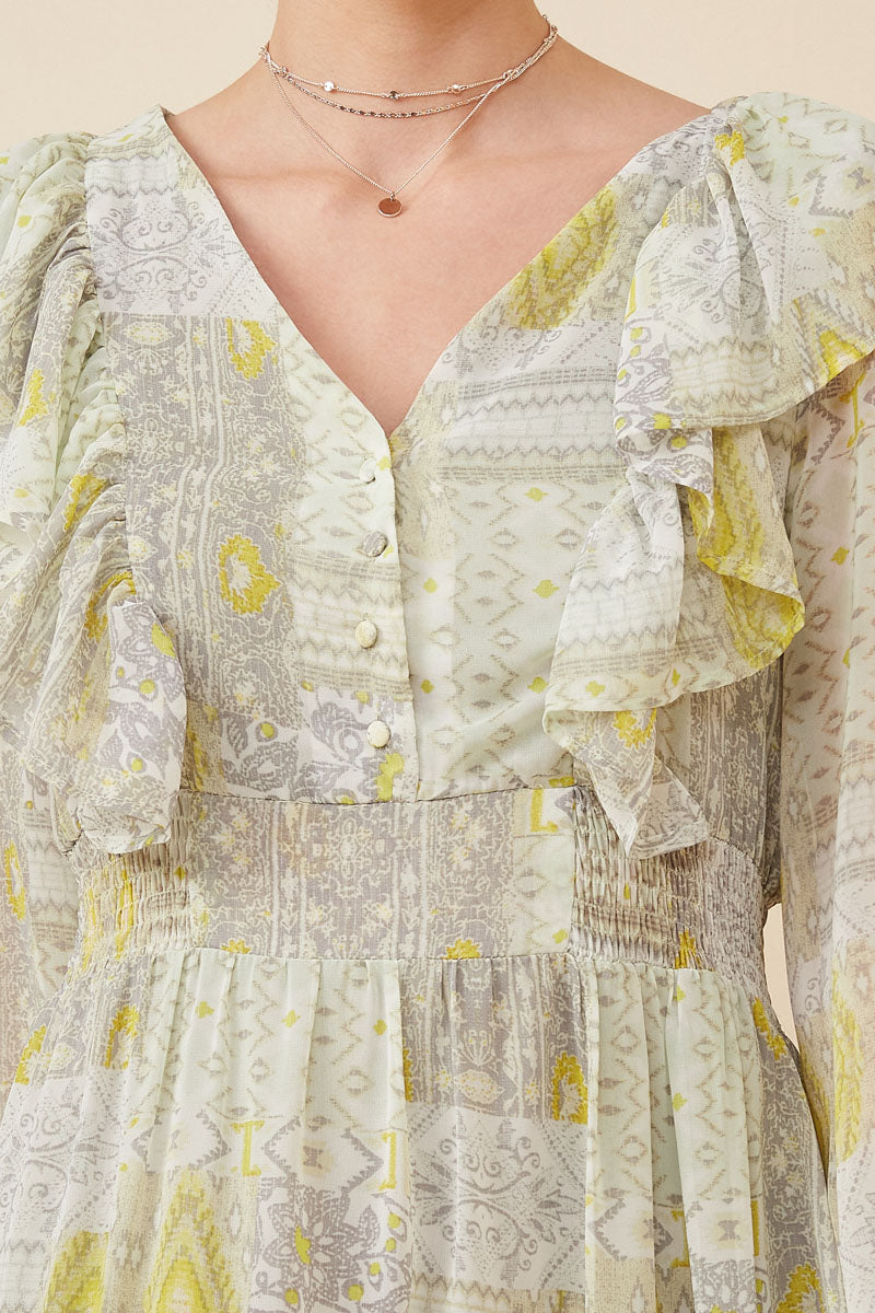 Patch Print V Neck Ruffled Long Sleeve Dress