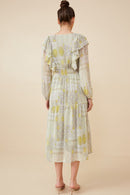HK1223W Sage Plus Patch print V Neck Ruffled Long Sleeve Dress Back