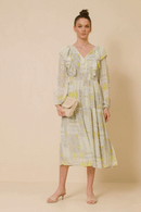 HK1223W Sage Plus Patch print V Neck Ruffled Long Sleeve Dress Detail