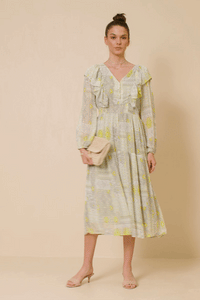 HK1223W Sage Plus Patch print V Neck Ruffled Long Sleeve Dress Detail