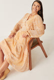HK1223 Tan Womens Patch print V Neck Ruffled Long Sleeve Dress Pose