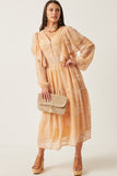 HK1223 Tan Womens Patch print V Neck Ruffled Long Sleeve Dress Full Body
