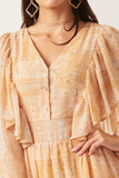 HK1223 Tan Womens Patch print V Neck Ruffled Long Sleeve Dress Detail