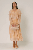 HK1223 Tan Womens Patch print V Neck Ruffled Long Sleeve Dress Gif