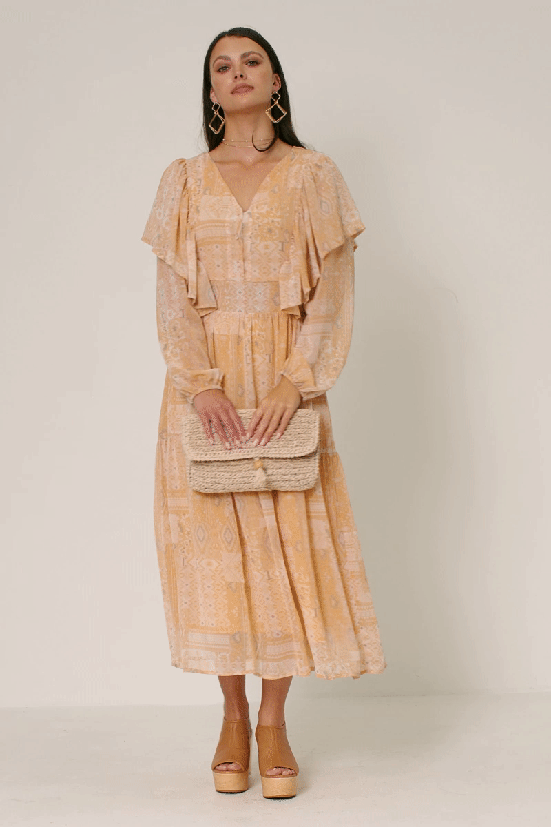 HK1223 Tan Womens Patch print V Neck Ruffled Long Sleeve Dress Gif