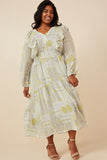 HK1223 Sage Womens Patch print V Neck Ruffled Long Sleeve Dress Full Body